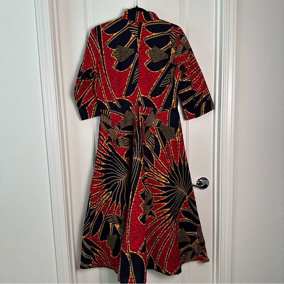 Grass-Field Button Down Dress Red Navy Bird Palm size UK14, US 10 - Picture 12 of 12